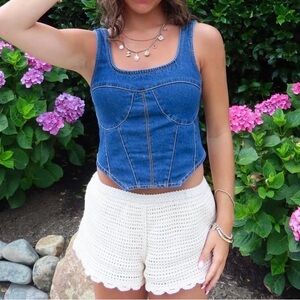 Japna Blue Denim Crop Top Corset Top Back Smocking Size Large Denim Vest Top